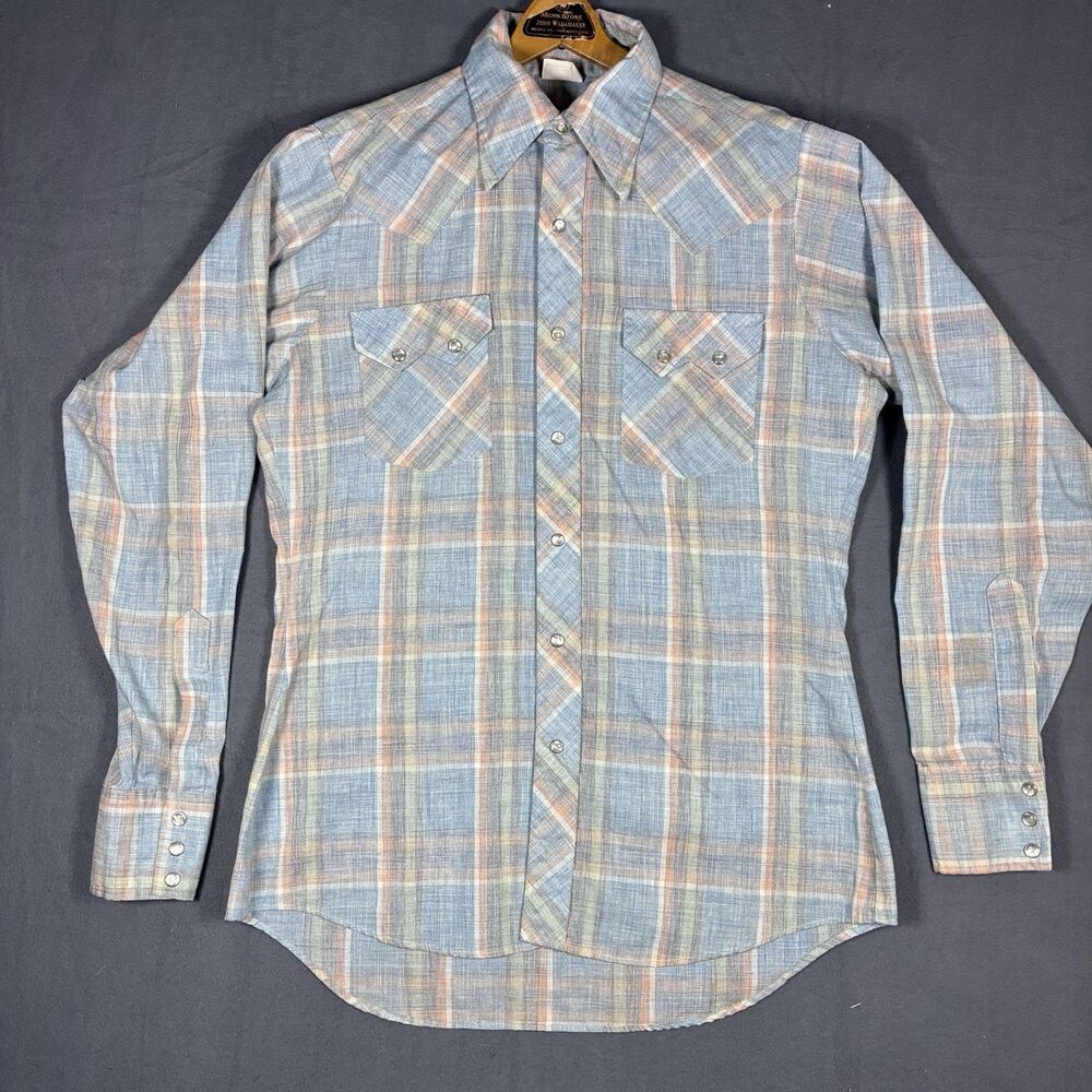 Ely Cattleman Blue Pastel Metallic Silver Shirt L Pearl Snap Long Sawtooth